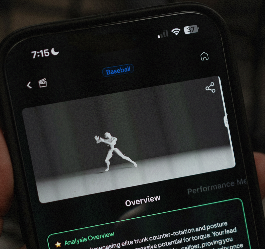 sportFX app showing biomechanics analysis with joint tracking overlay